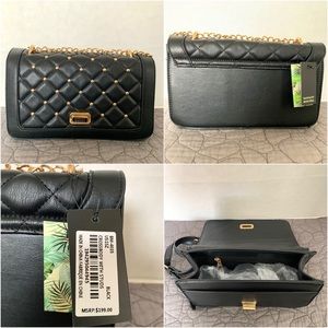 Badgley Mischka Black Quilted Crossbody Studded Bag Purse Vegan Leather New